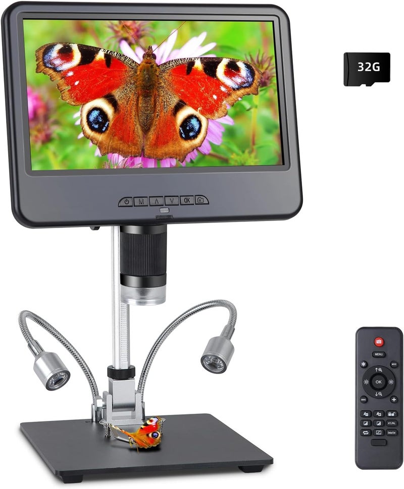 Koolertron 10.1" IPS LCD Digital Microscope with 8 LED + 2 Fill Lights, 32GB TF Card, Remote Control & Adjustable Metal Stand - for Coin, Plant, Insect, Skin Inspection - Image 1